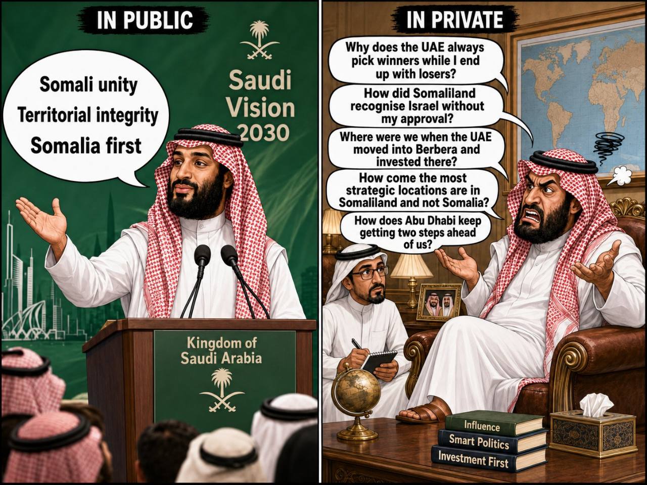 Satirical contrast between Saudi public rhetoric and private anxiety about UAE influence in Somaliland
